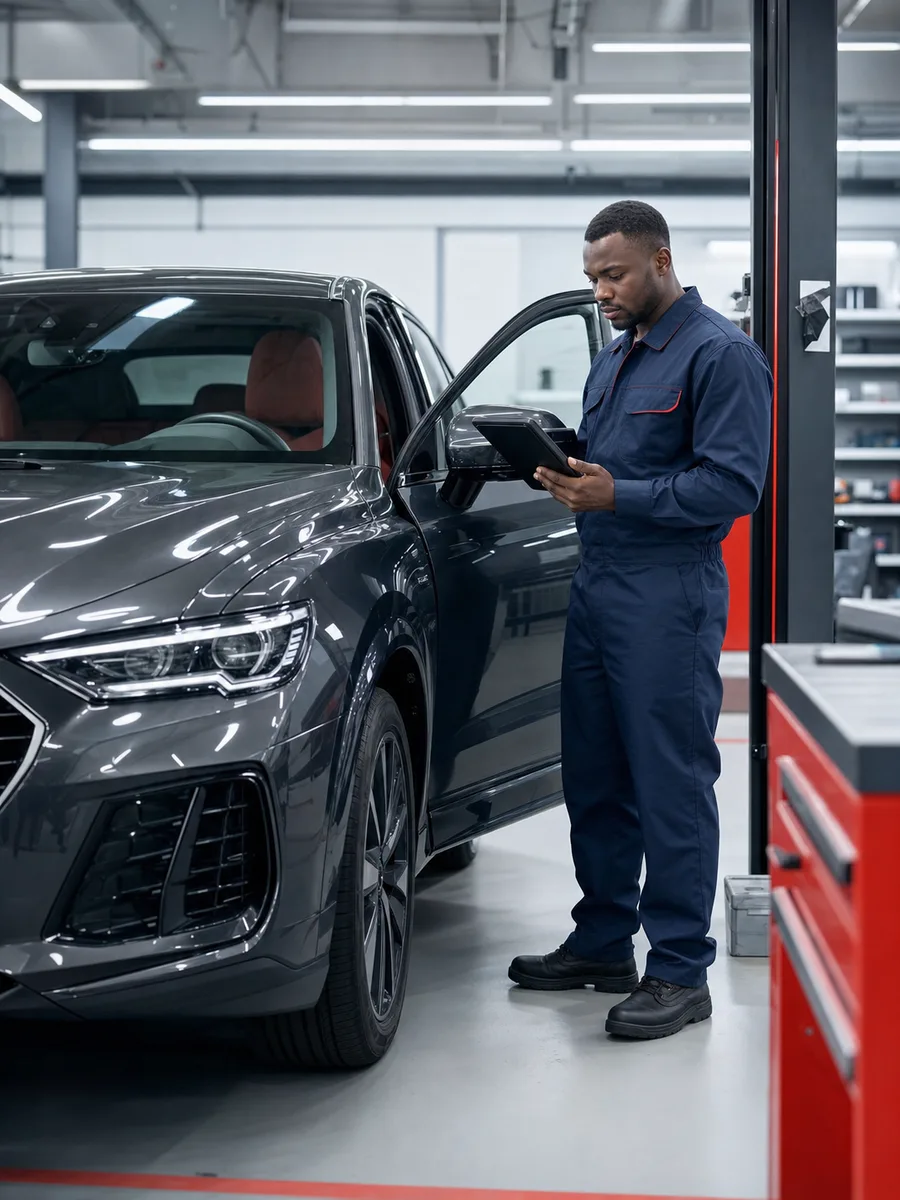 Technician inspecting a vehicle in a modern workshop